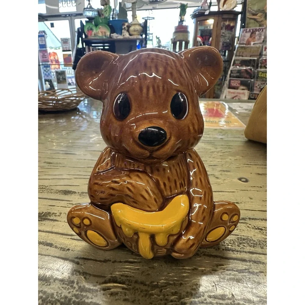 Vintage 1950's Ceramic Brown Honey Bear Pot Jar Taiwan With Dipper
